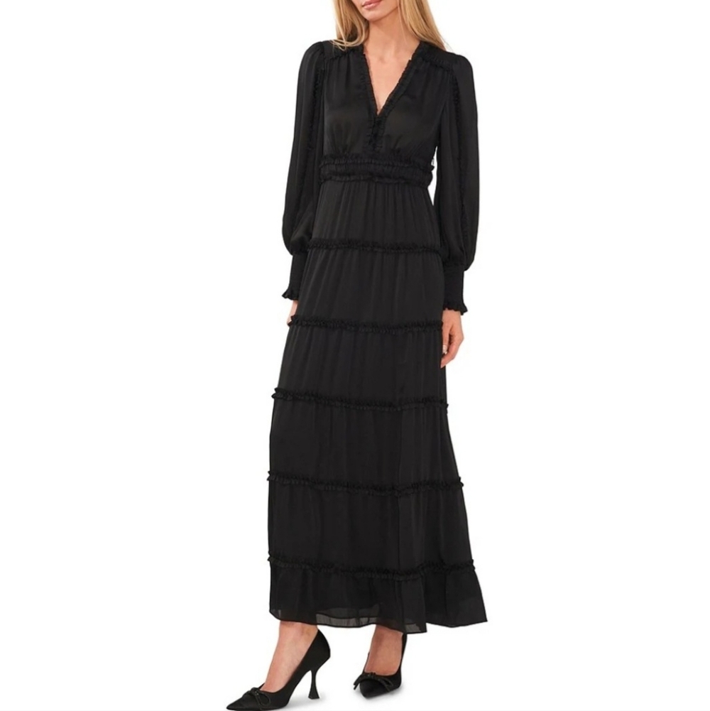 Chelsea & Violet Maxi Dress S Black Chiffon Maraux Tiered Long Plisse New $180
